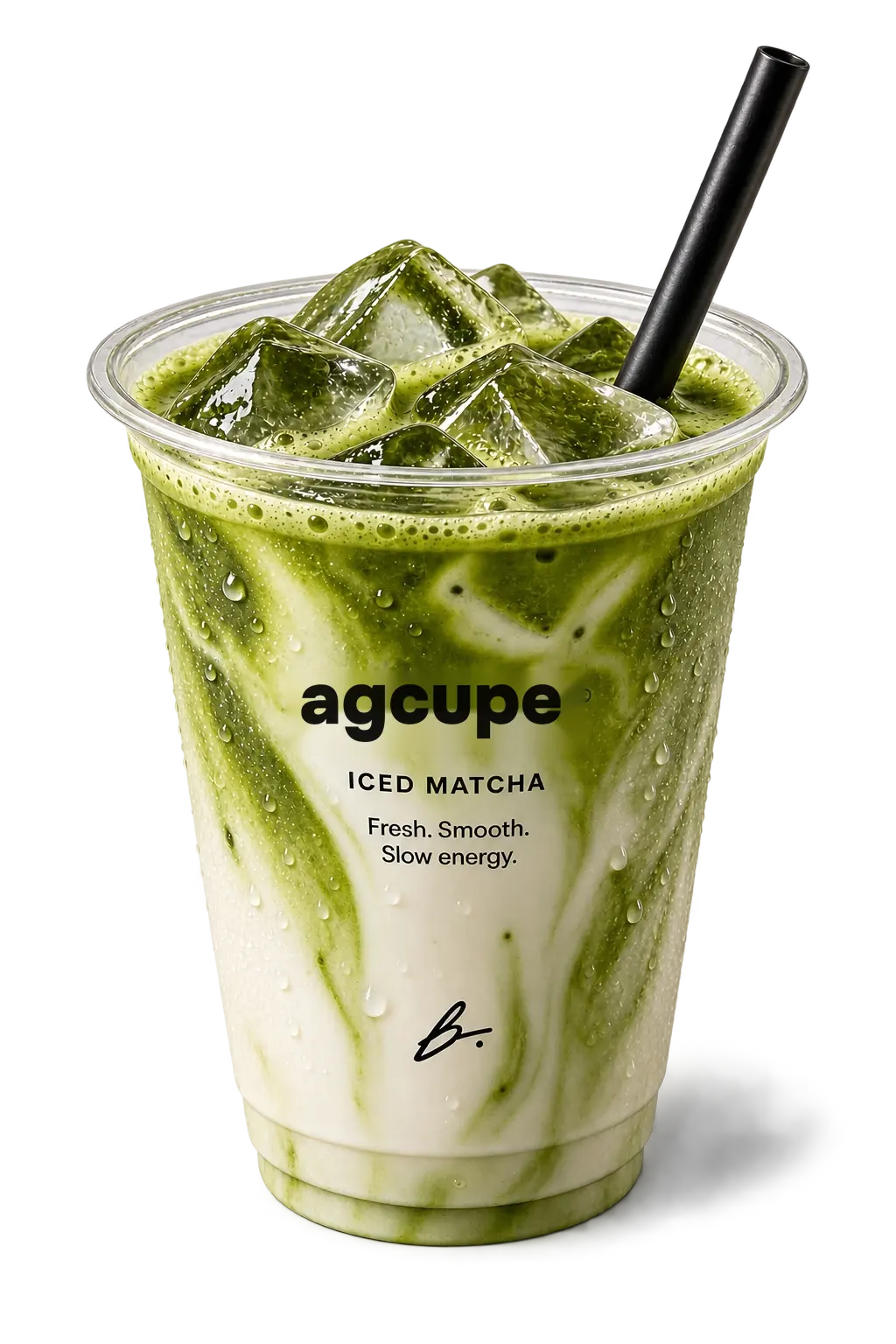 A agcupe iced matcha in a clear cup with a straw